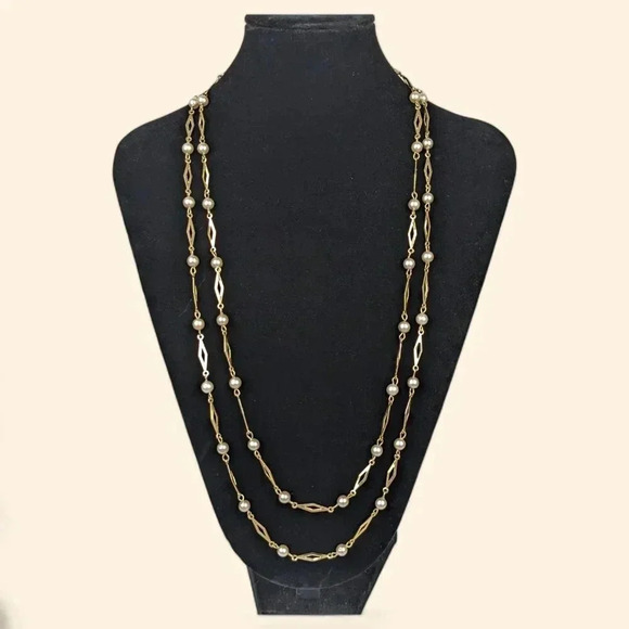 (2/$20) Vintage Faux Pearl Double Chain Necklace - Picture 1 of 5